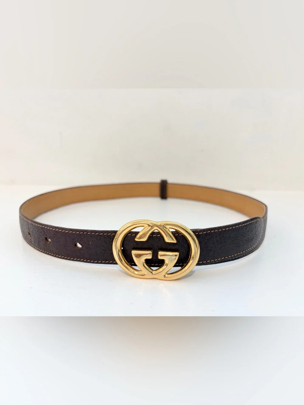 Auth Vintage Gucci GG Skinny Brown Leather Belt Gold Buckle 70/28